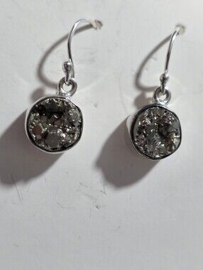 Sterling Silver- Pyrite Druzy Drop Earrings -